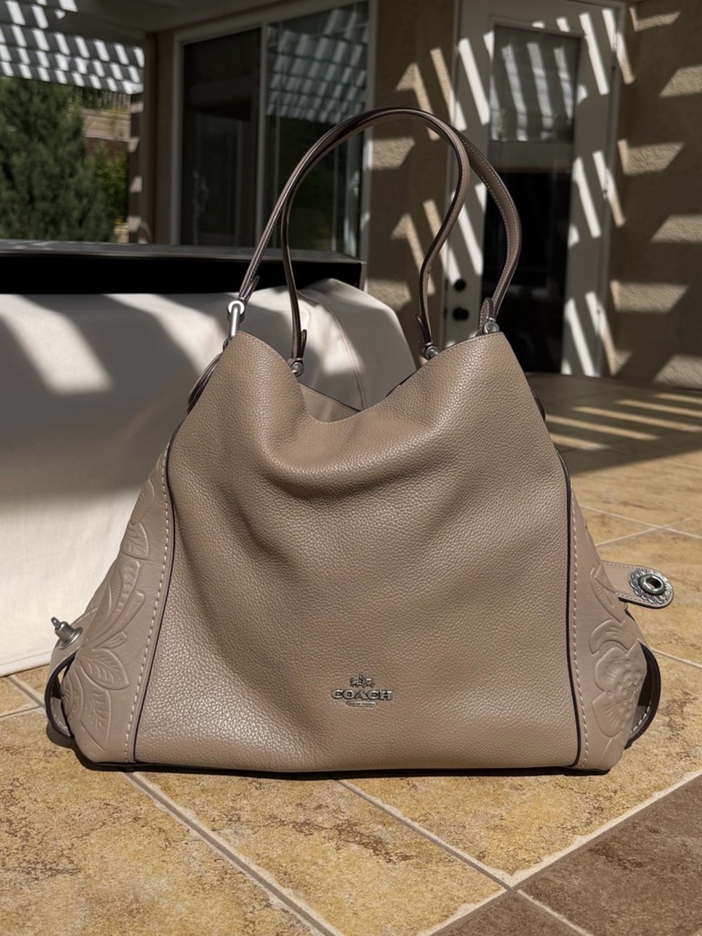 COACH TAUPE SILVER EDIE 31 HOBO TEA ROSE TOOLING EMBOSSED LEATHER SLOUCHY BAG